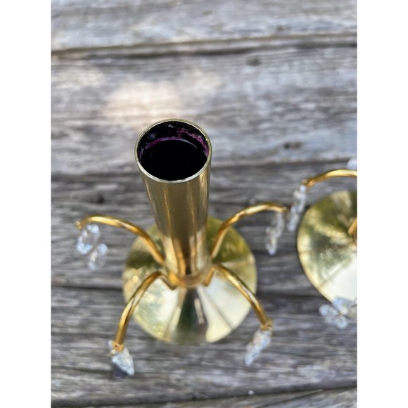 Vintage 1970s Small Brass Waterfall Crystal Candlestick Holders - Picture 11 of 11